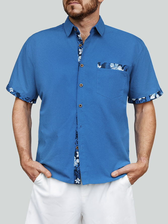 Hardaddy 100%Cotton Patchwork Floral Regular Fit Blue Men Short Sleeve Hawaiian Casual Shirt