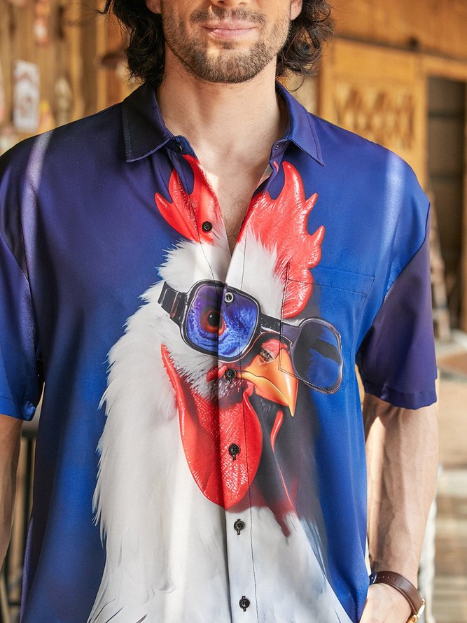 Hardaddy Fun Chicken Chest Pocket Short Sleeve Hawaiian Shirt