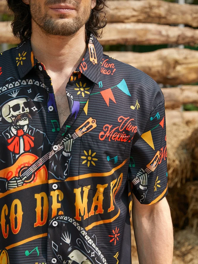 Hardaddy Skull Guitar Cinco De Mayo Chest Pocket Short Sleeve Shirt