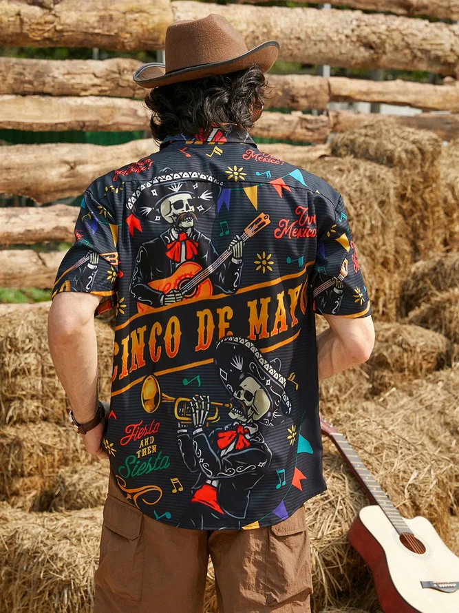 Hardaddy Skull Guitar Cinco De Mayo Chest Pocket Short Sleeve Shirt