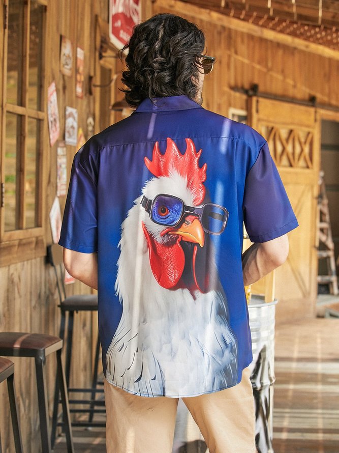 Hardaddy Fun Chicken Chest Pocket Short Sleeve Hawaiian Shirt