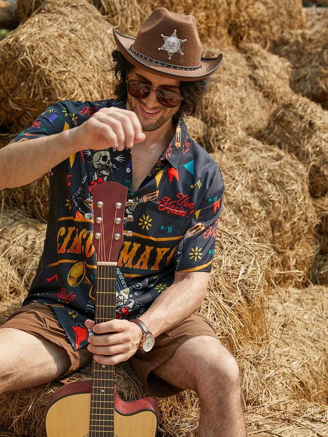 Hardaddy Skull Guitar Cinco De Mayo Chest Pocket Short Sleeve Shirt