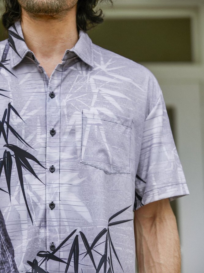 Hardaddy Hawaiian Shirt for Men Grey Bamboo Chest Pocket Short Sleeve Casual Button Down Shirt