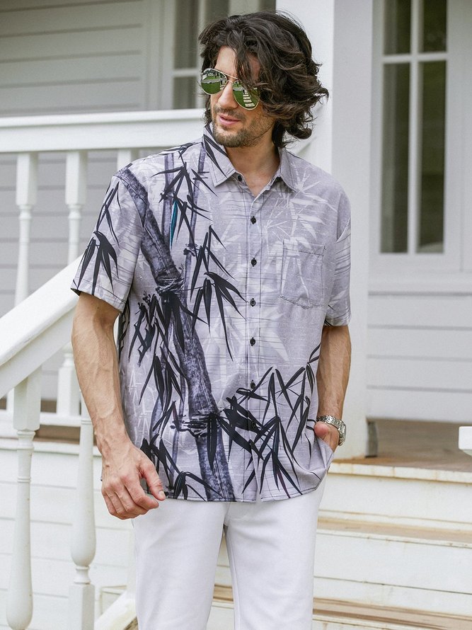 Hardaddy Hawaiian Shirt for Men Grey Bamboo Chest Pocket Short Sleeve Casual Button Down Shirt