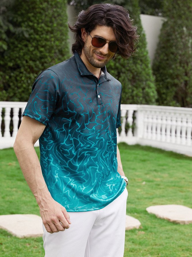 Hardaddy Ombre Abstract Geometric Button Short Sleeve Polo Shirt