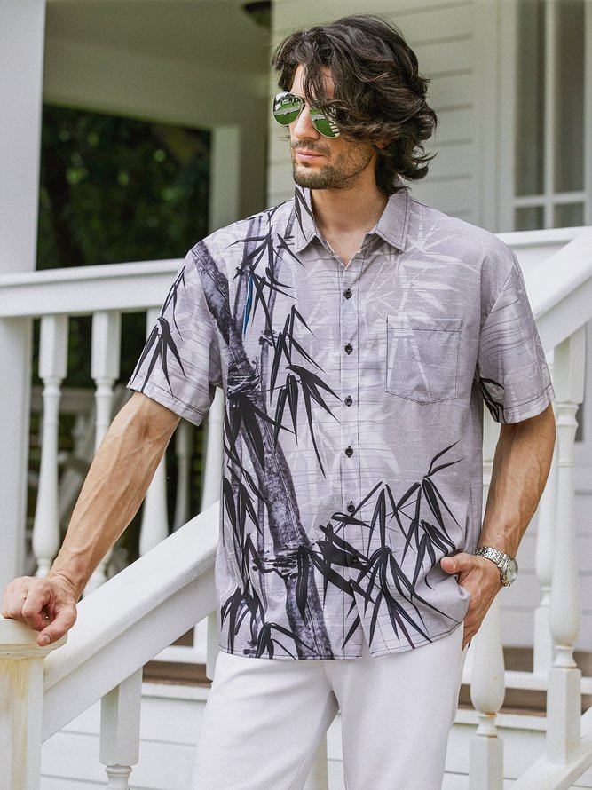 Hardaddy Hawaiian Shirt for Men Grey Bamboo Chest Pocket Short Sleeve Casual Button Down Shirt
