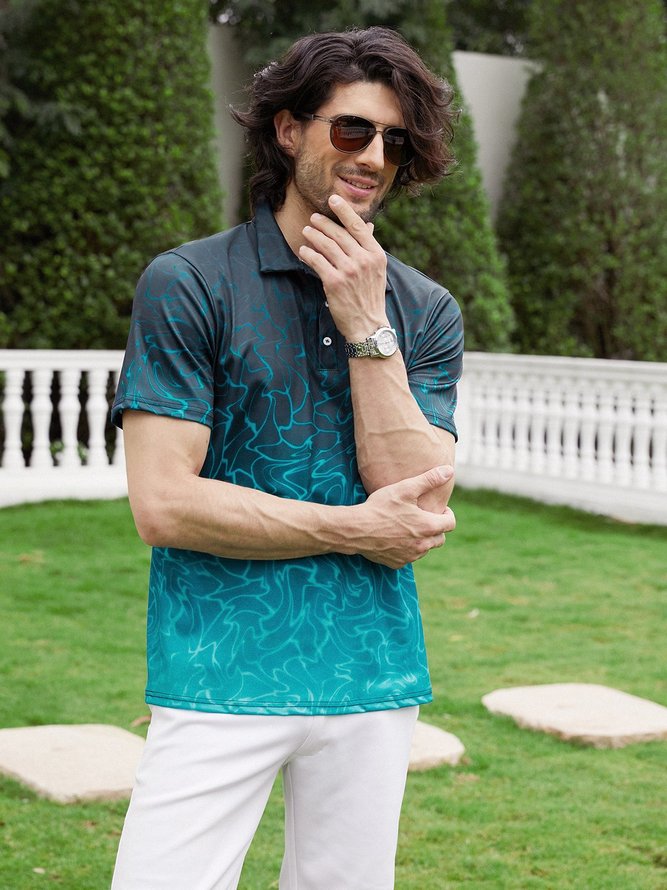 Hardaddy Ombre Abstract Geometric Button Short Sleeve Polo Shirt