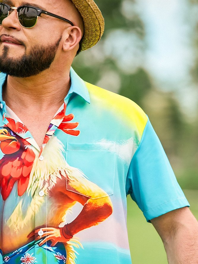 Moisture-wicking Ombre Beach Chicken Chest Pocket Hawaiian Shirt