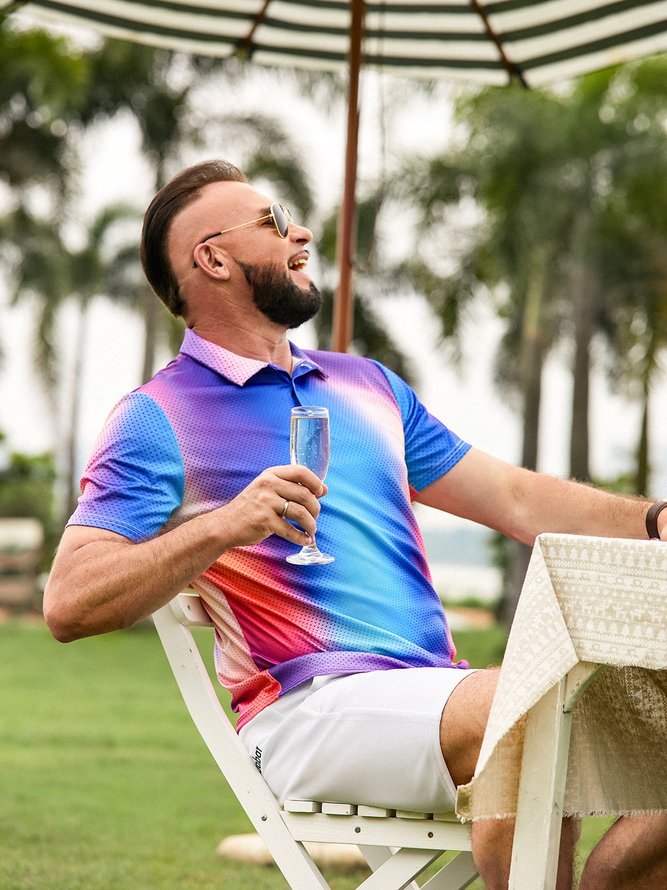Hardaddy Gradient Color Button Short Sleeve Polo Shirt
