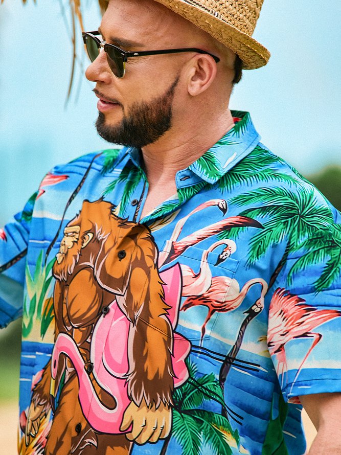 Hardaddy  Flamingo Chest Pocket Short Sleeve Hawaiian Shirt