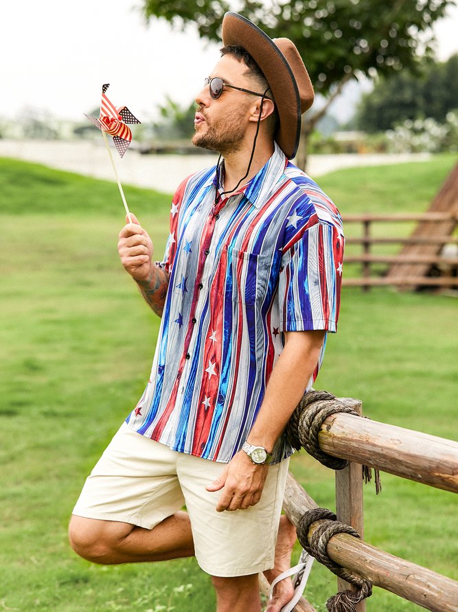 Hardaddy American Flag Striped Chest Pocket Short Sleeve Casual Shirt