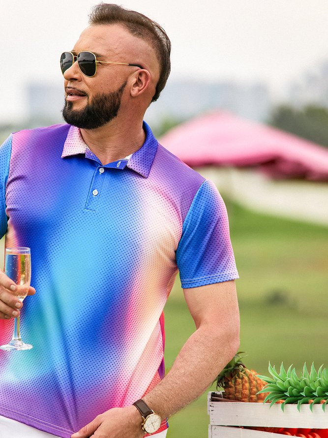 Hardaddy Gradient Color Button Short Sleeve Polo Shirt