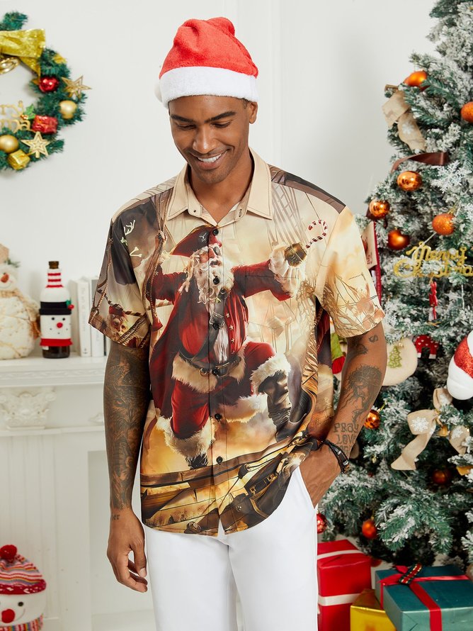 Hardaddy Christmas Pirate Santa Chest Pocket Short Sleeve Hawaiian Shirt