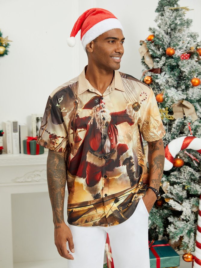 Hardaddy Christmas Pirate Santa Chest Pocket Short Sleeve Hawaiian Shirt