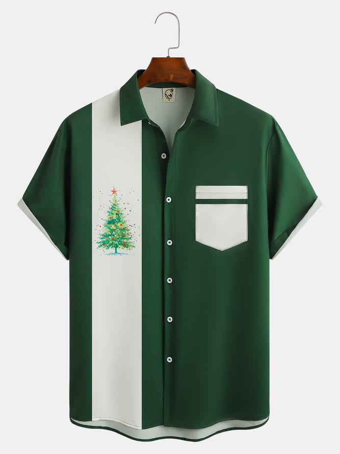 Christmas Tree Chest Pocket Short Sleeve Bowling Shirt