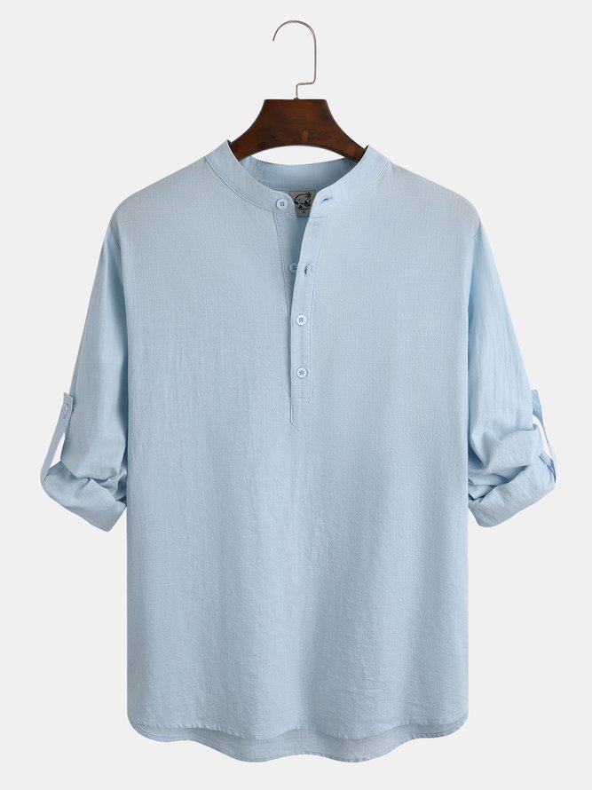 Hardaddy Cotton Linen Plain Color Casual Light Blue Regular Fit Long Sleeve Shirt Hawaiian Shirts For Men