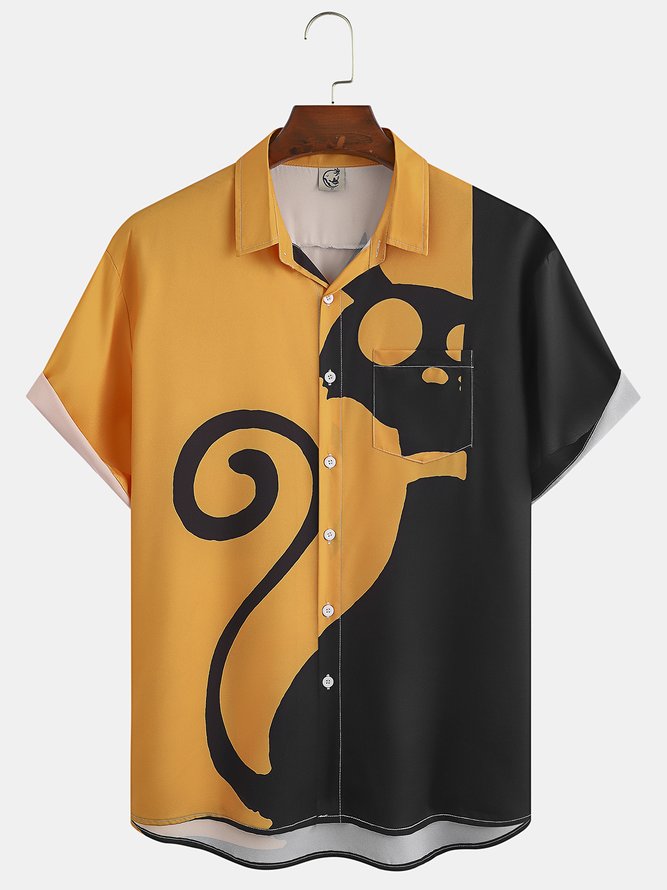 Men's Halloween Cat Print Casual Breathable Short Sleeve Shirt