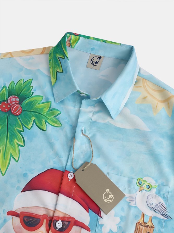 Hardaddy Mens Christmas Santa Surfing Print Front Buttons Soft Breathable Chest Pocket Casual Hawaiian Shirt