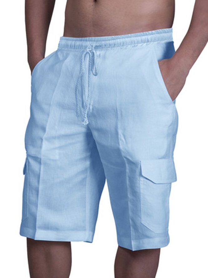 Hardaddy Men's Linen Shorts Multi-Pocket Tie Cargo Pants
