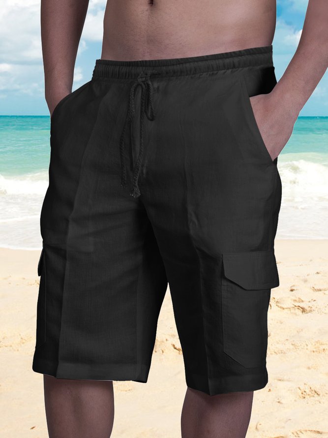 Hardaddy Men's Linen Shorts Multi-Pocket Tie Cargo Pants
