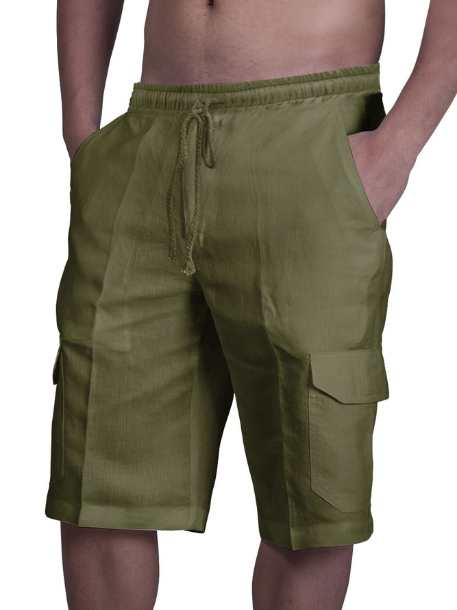 Hardaddy Men's Linen Shorts Multi-Pocket Tie Cargo Pants