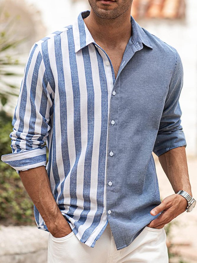 Hardaddy Striped Contrast Color Long Sleeve Shirt Casual Style Lapel Collar Top