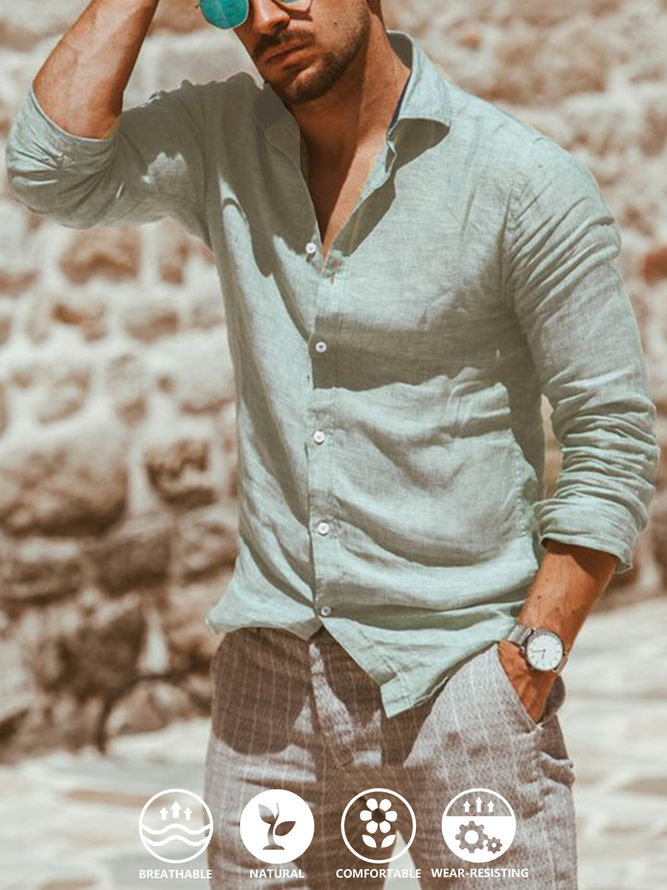 Cotton-flax style n casual long-sleeved linen shirt in clean color base