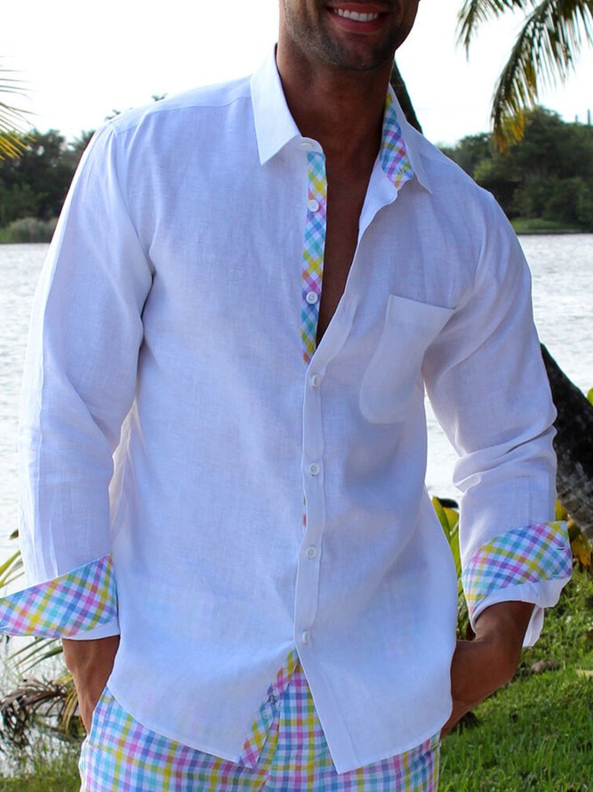 Plaid Panel Chest Pocket Long Sleeve Shirt