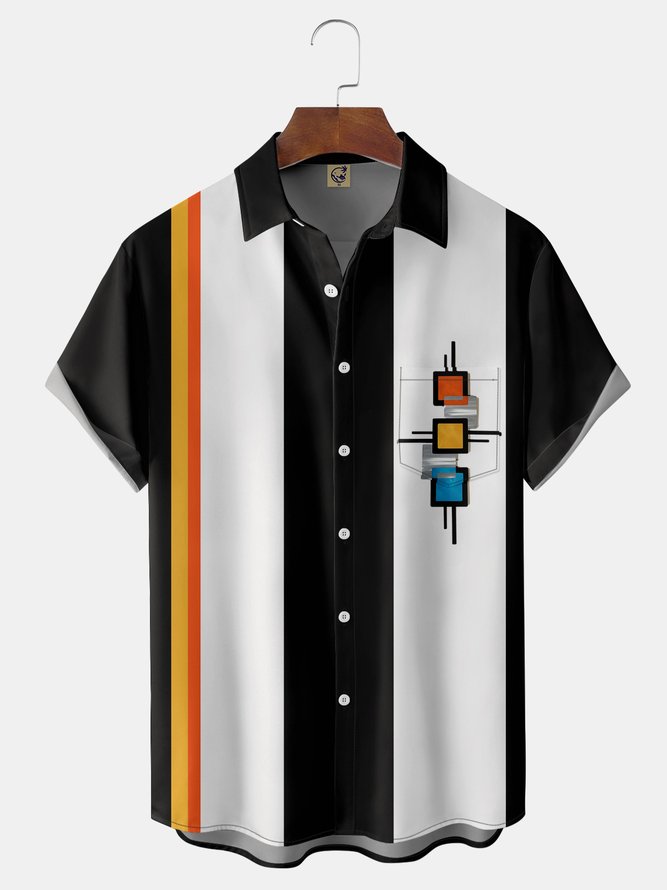 Geometric Pattern Chest Pocket Short Sleeve Bowling Shirt