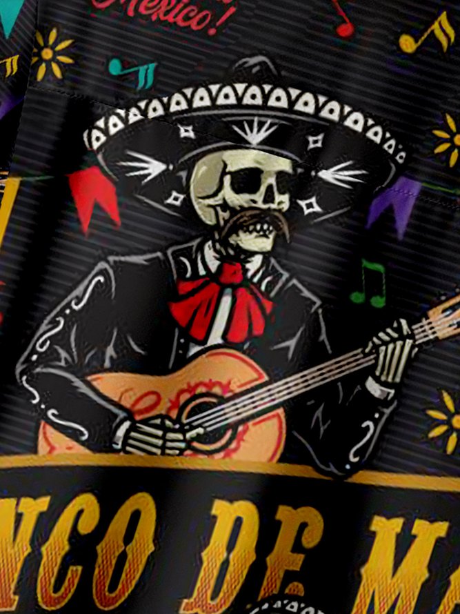 Hardaddy Skull Guitar Cinco De Mayo Chest Pocket Short Sleeve Shirt