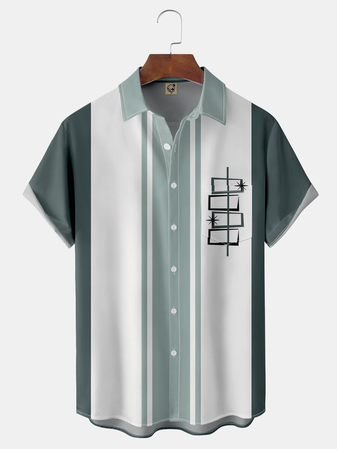 Geometric Chest Pocket Short Sleeve Bowling Shirt