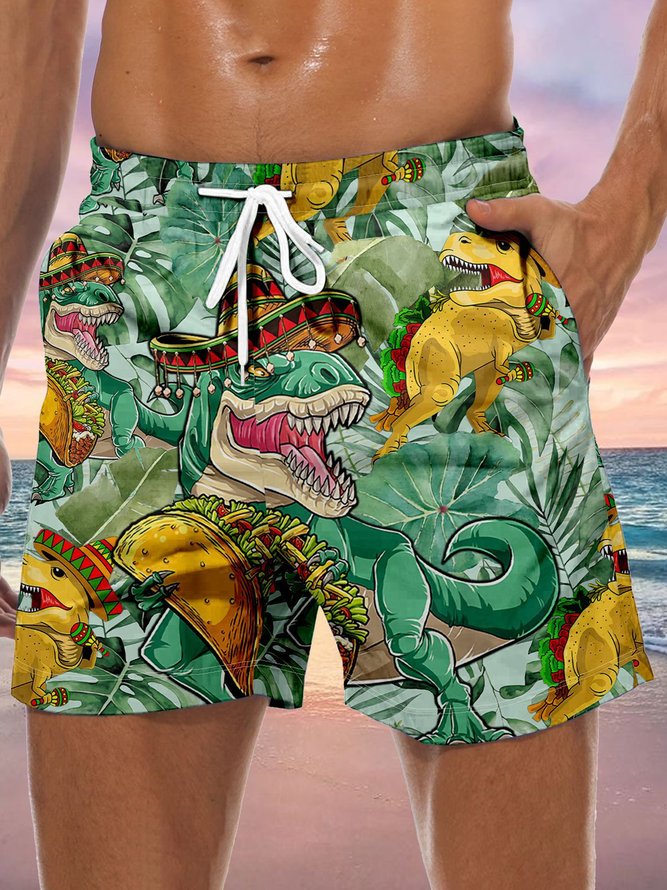Cinco De Mayo Dinosaur Drawstring Beach Shorts