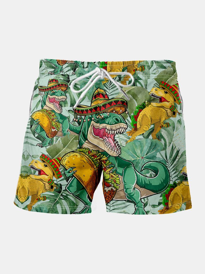 Cinco De Mayo Dinosaur Drawstring Beach Shorts