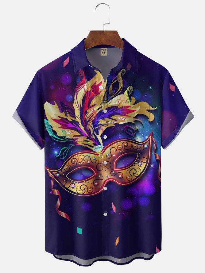 Hardaddy Big Size Carnival Party Mask Chest Pocket Short Sleeve Shirt