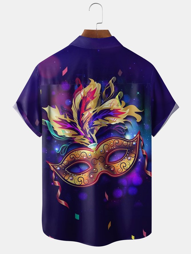 Hardaddy Big Size Carnival Party Mask Chest Pocket Short Sleeve Shirt