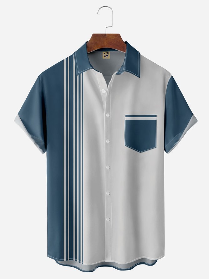 Striped Chest Pocket Short Sleeve Bowling Shirt
