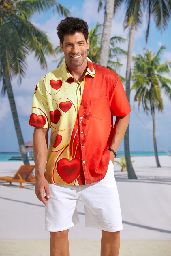 Hardaddy St Valentine‘s Day Heart Chest Pocket Short Sleeve Shirt