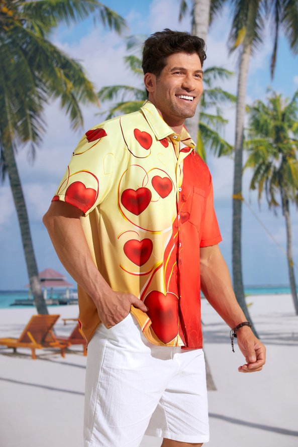 Hardaddy St Valentine‘s Day Heart Chest Pocket Short Sleeve Shirt