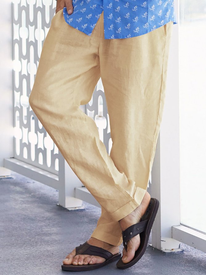 Hardaddy Cotton and Linen Plain Hawaiian Casual Trousers