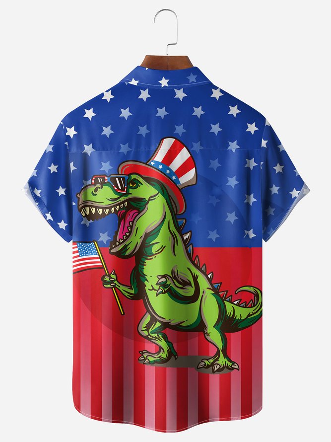 4th of July Dinosaur Chest Pocket Short Sleeve Casual Shirt