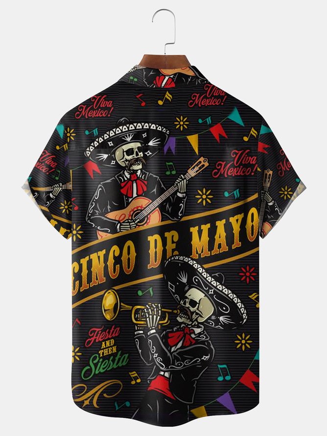 Hardaddy Big Size Skull Guitar Cinco De Mayo Chest Pocket Short Sleeve Shirt