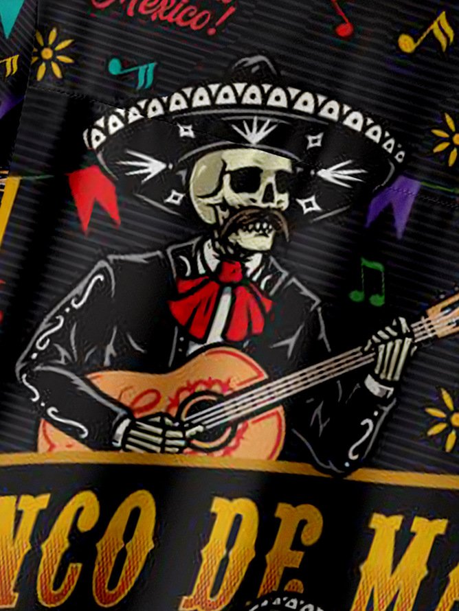 Hardaddy Big Size Skull Guitar Cinco De Mayo Chest Pocket Short Sleeve Shirt