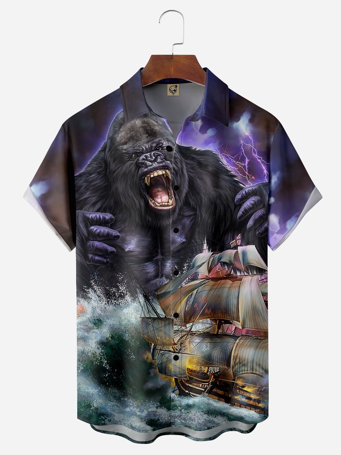 Gorilla Sailing Boat Chest Pocket Short Sleeve Hawaiian Shirt