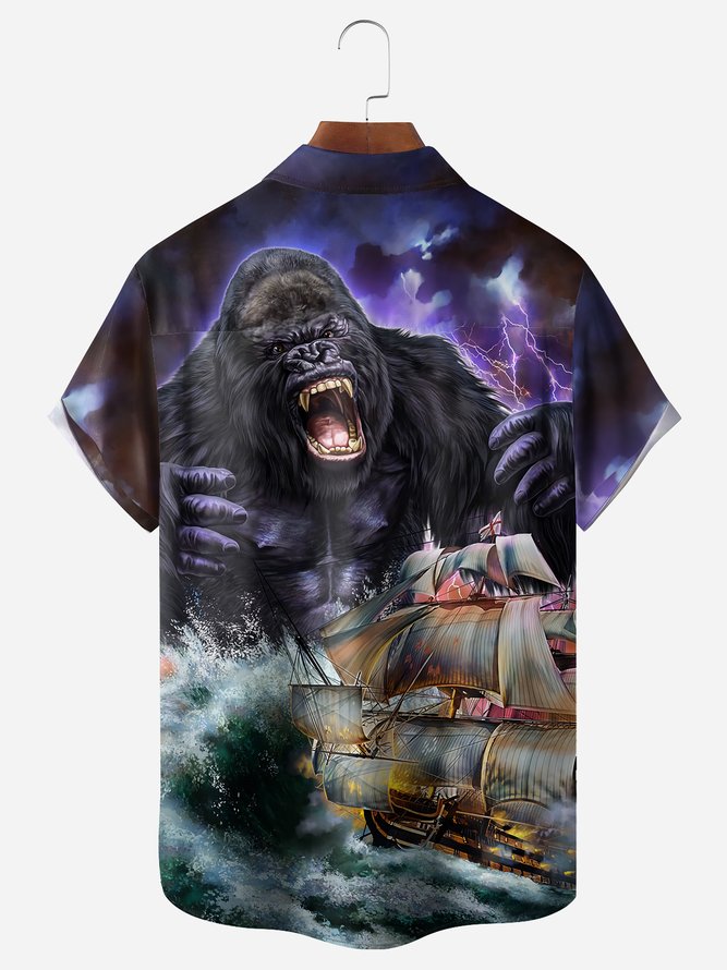 Gorilla Sailing Boat Chest Pocket Short Sleeve Hawaiian Shirt