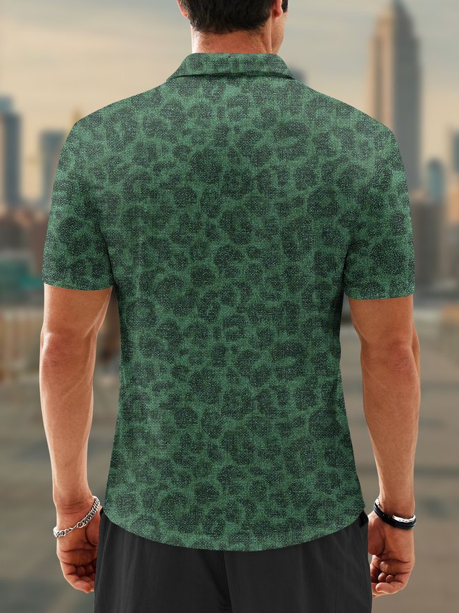 Leopard Zip Short Sleeves Casual Polo Shirt