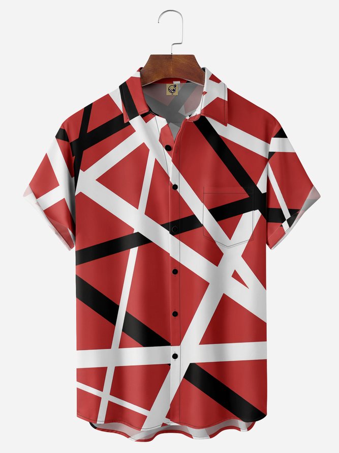 Hardaddy Geometric Lines Chest Pocket Short Sleeve Casual Shirt