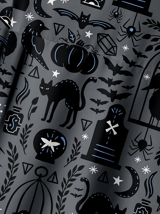 Hardaddy Halloween Cat Chest Pocket Short Sleeve Casual Shirt