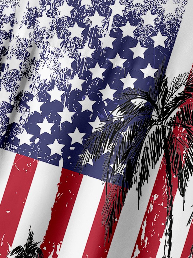 Hardaddy Patriotic Hawaiian Shirts Flag Coconut Tree Chest Pocket Short Sleeve Casual Shirt