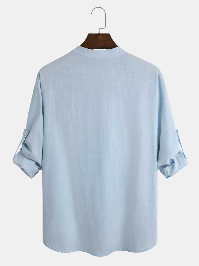 Hardaddy Big Size Cotton Plain Casual Stand Collar Long Sleeve Shirt