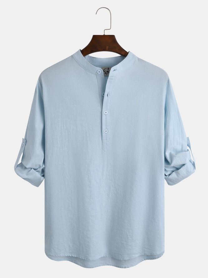 Hardaddy Big Size Cotton Plain Casual Stand Collar Long Sleeve Shirt